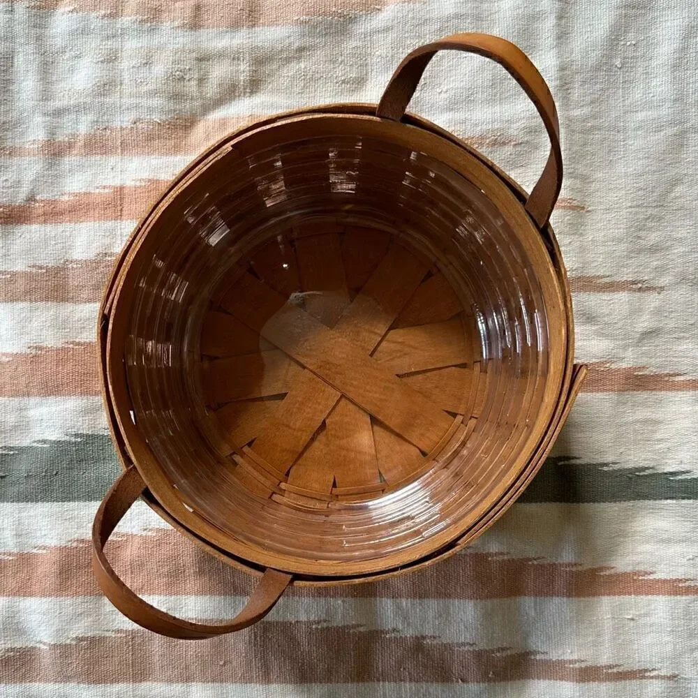 Longaberger 1995 Round Darning Basket with Leather Handles and Plastic Liner